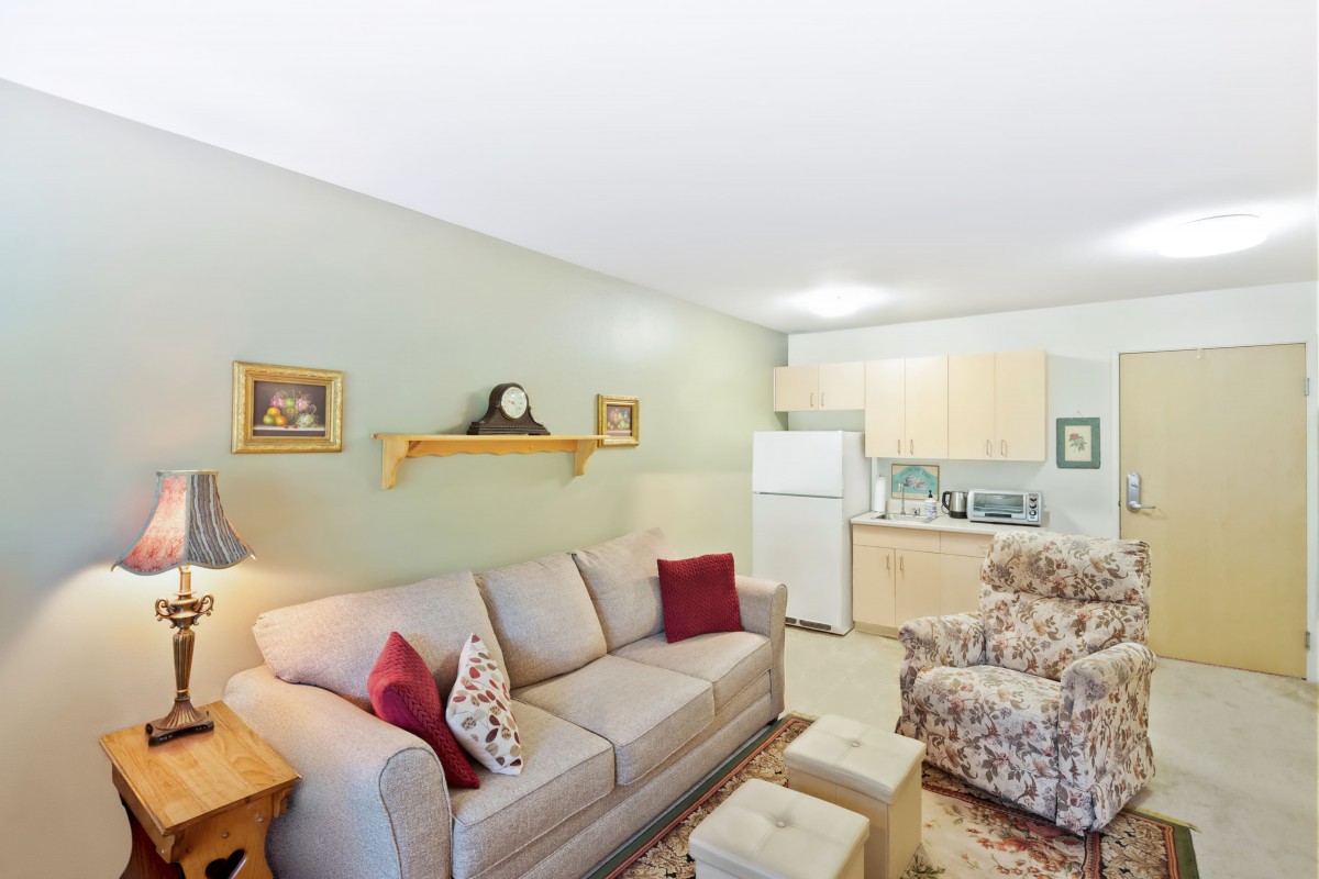 A cozy living area with a sofa, chair, and a small kitchen in the background.