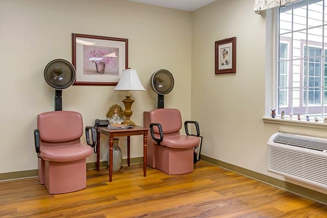 A cozy salon corner with two pink chairs and hair dryers, complemented by decorative artwork and a lamp on a wooden floor.