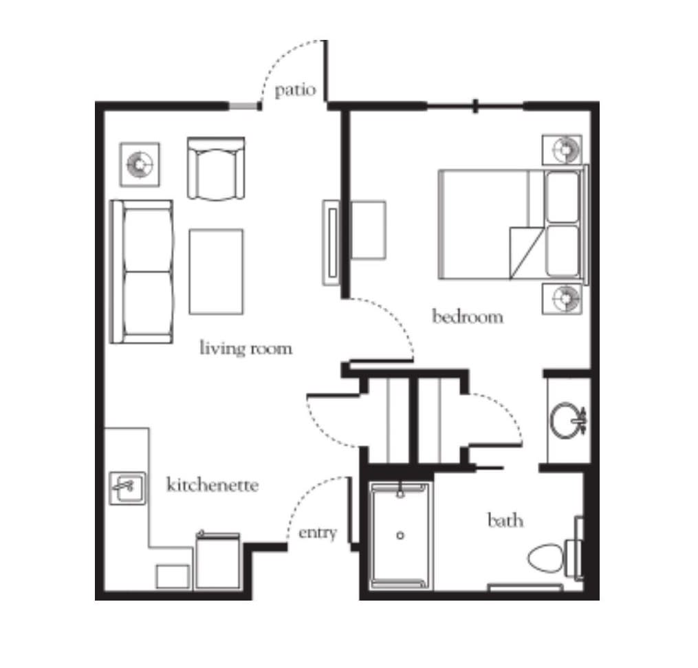 A simple floor plan of a one-bedroom apartment with labeled rooms.