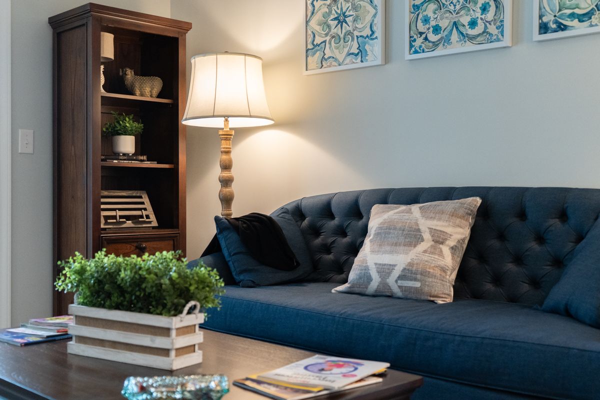 A cozy living room with a blue sofa, decorative pillows, a standing lamp, and a bookshelf adorned with plants and art.