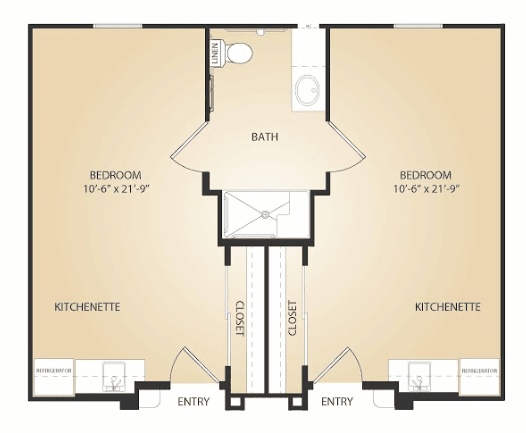 Floor plan layout showing a two-bedroom apartment with a central bathroom and living area.