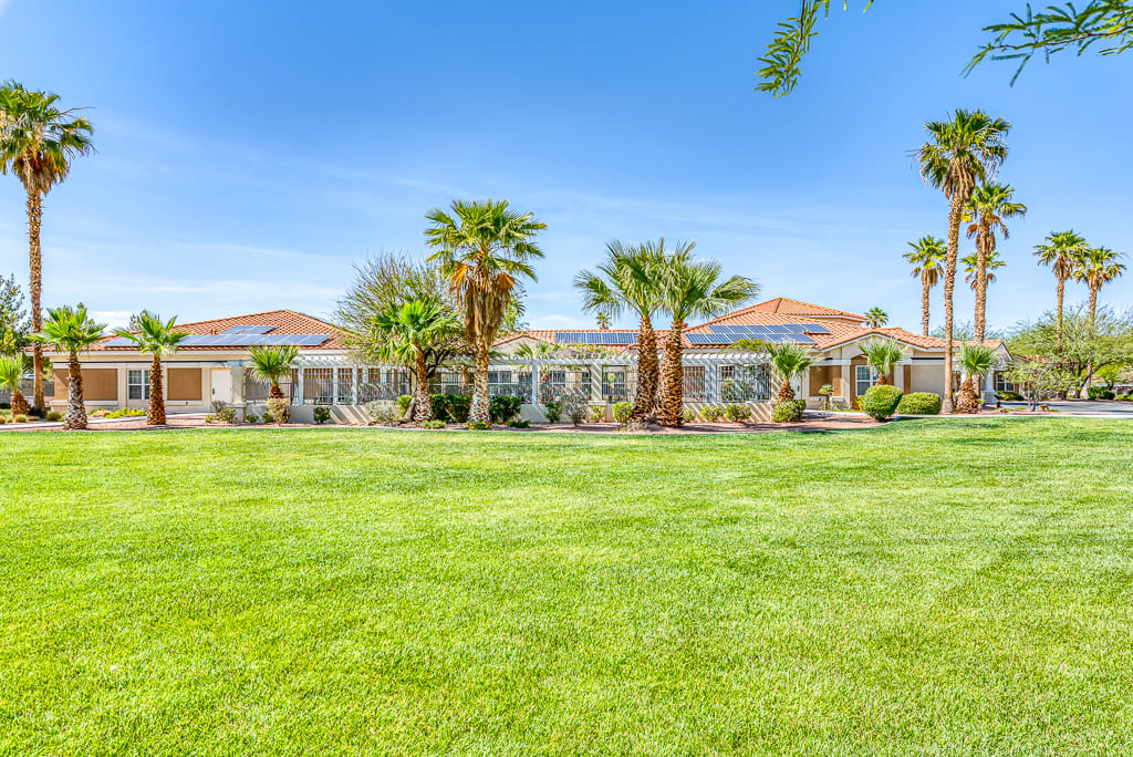 A view of a large house surrounded by palm trees and a well-maintained lawn under a clear blue sky.