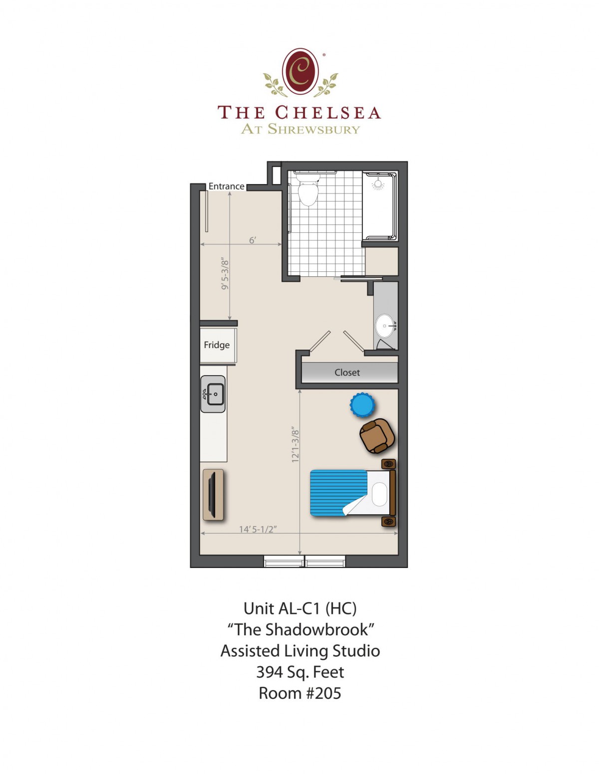Floor plan of a studio apartment at The Chelsea, featuring an accessible living area.
