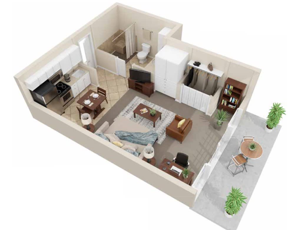 A 3D floor plan of a compact apartment featuring a living room, kitchen, bathroom, and bedroom.