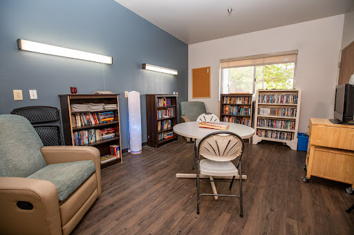 A cozy reading room with bookshelves, a comfortable seating area, and plenty of natural light.