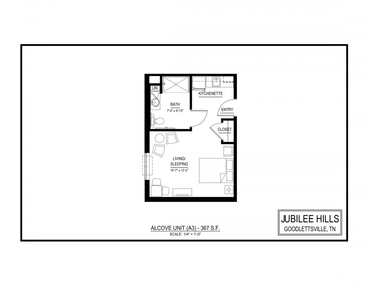 A floor plan of a studio apartment including living space, kitchen, and bathroom.