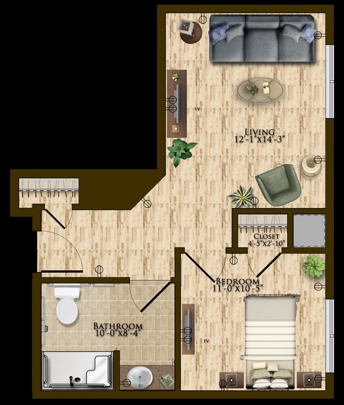 A detailed floor plan of a one-bedroom apartment including a living room, kitchen, and bathroom.