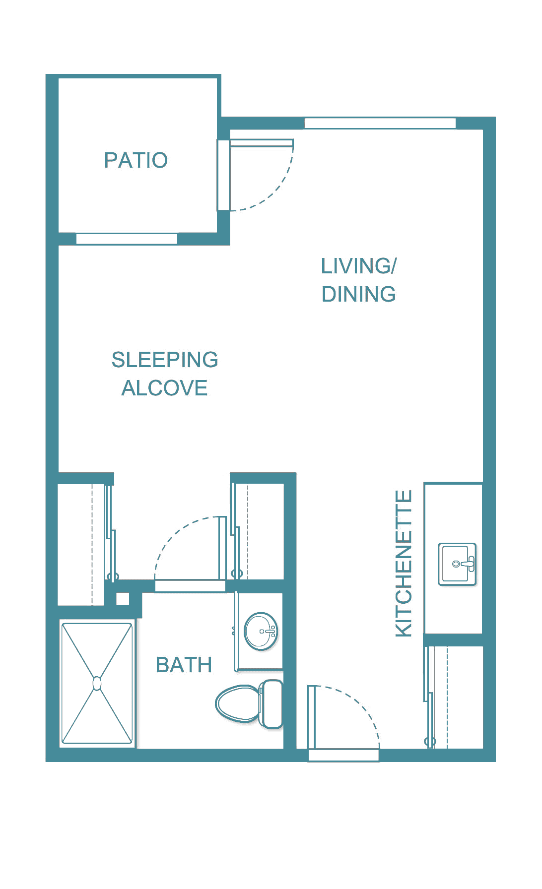 A floor plan of a studio apartment featuring a living/dining area, sleeping alcove, kitchenette, and bathroom.