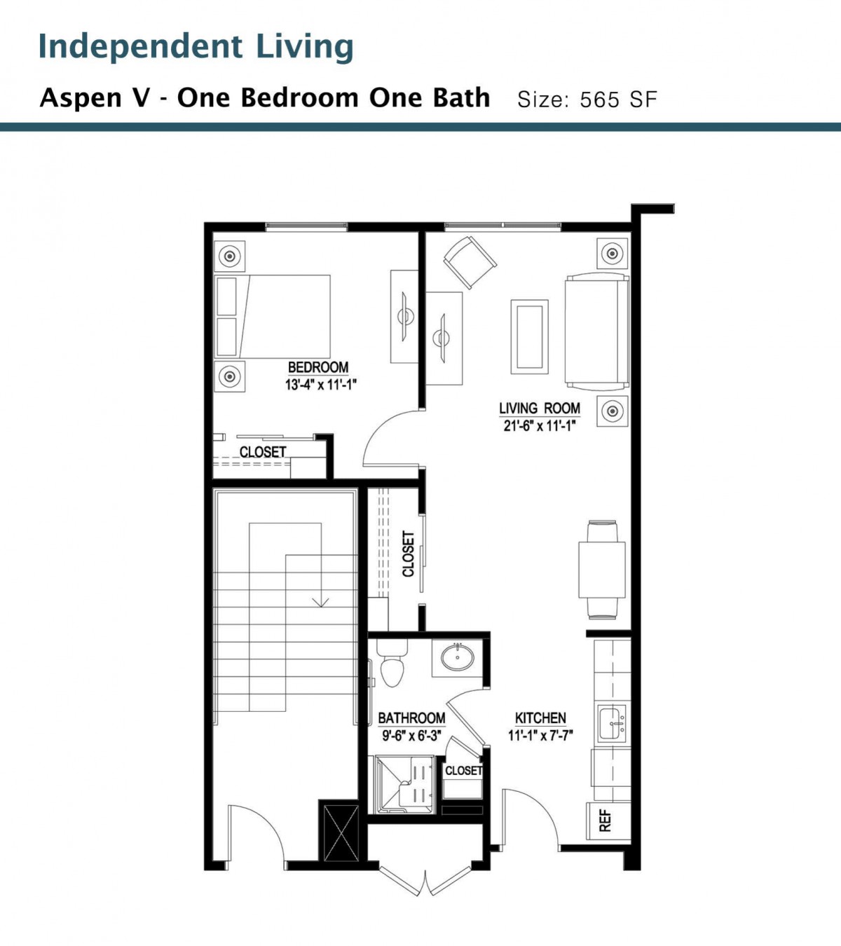 Aspen V one-bedroom floor plan with dimensions of 580.5 sq ft.