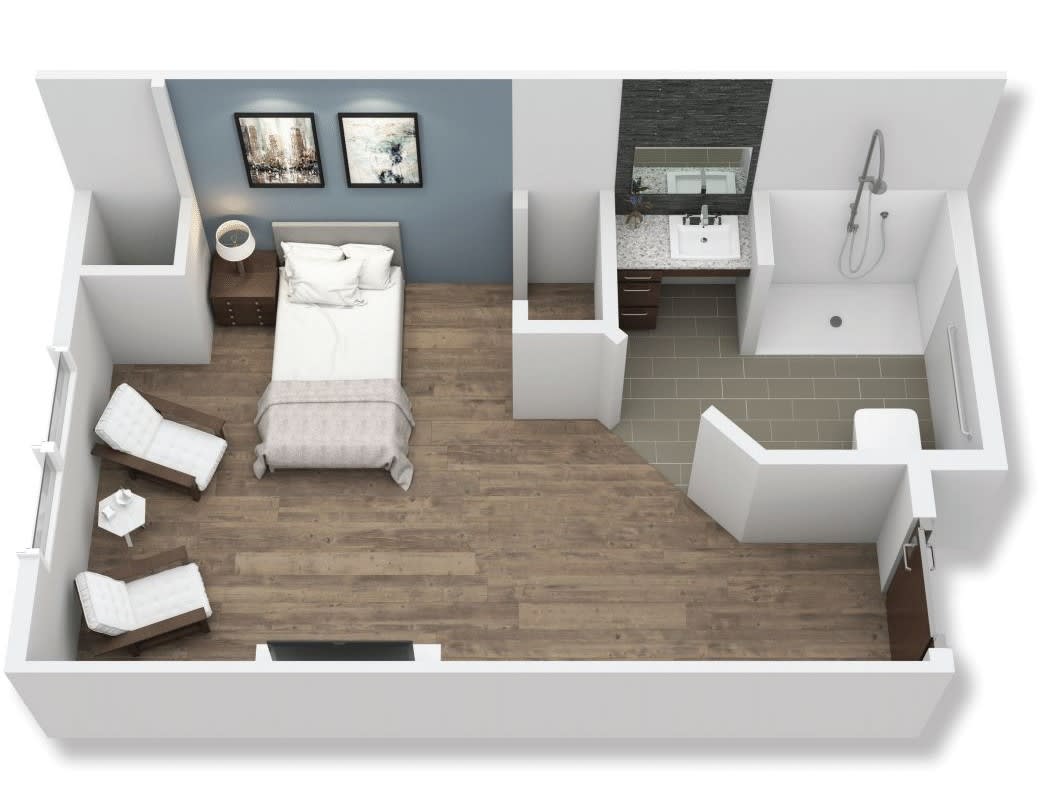 A floor plan featuring a bedroom layout with furniture and an attached bathroom.