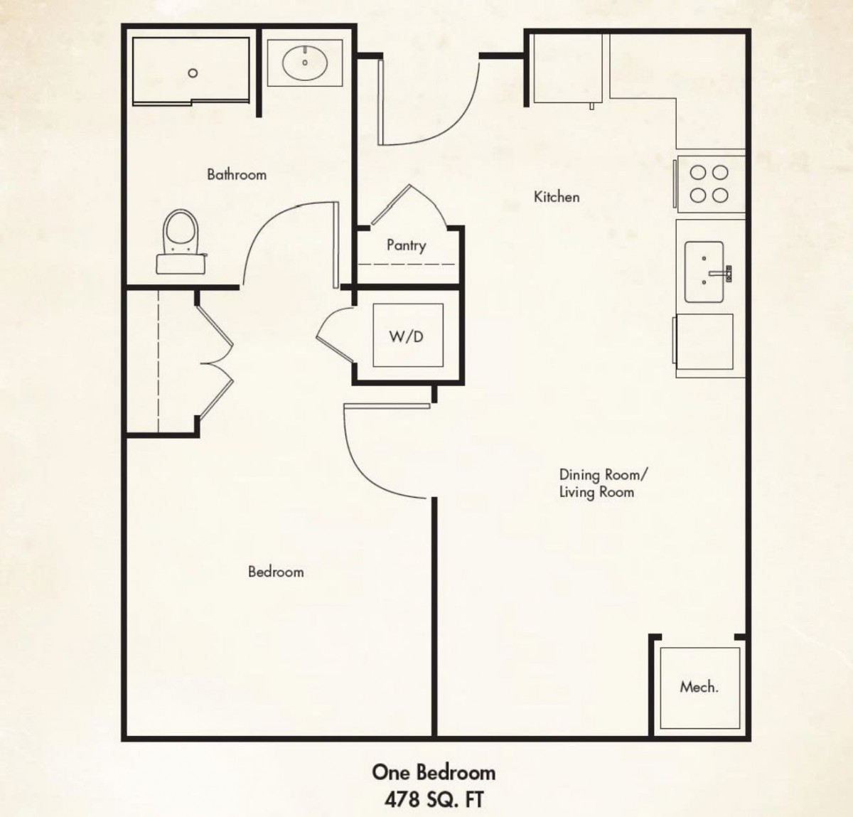 A floor plan of a one-bedroom apartment measuring 475 square feet, featuring a kitchen, living/dining area, bathroom, and bedroom.