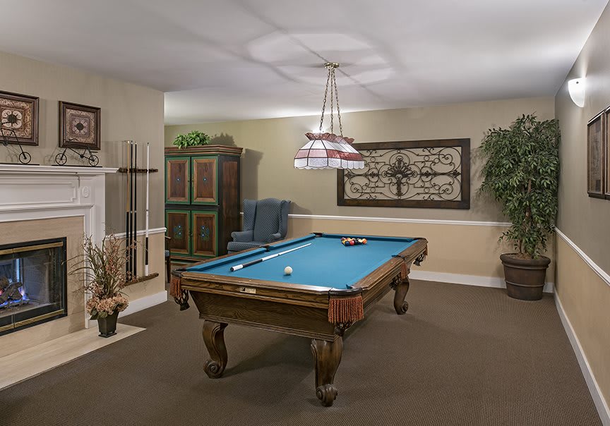 A cozy billiard room featuring a pool table under a hanging light, surrounded by comfortable seating and decorative plants.