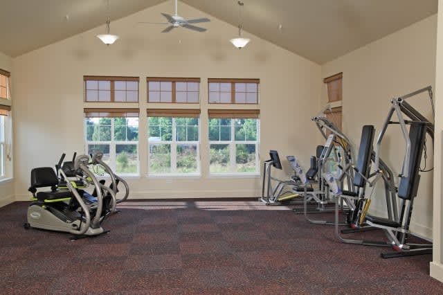 A well-lit gym with exercise equipment and large windows letting in daylight.