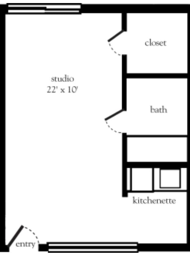 A floor plan of a studio apartment with designated areas for the closet, bath, kitchenette, and main living space.