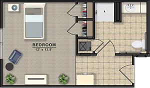 A detailed floor plan showing a bedroom layout with measurements.