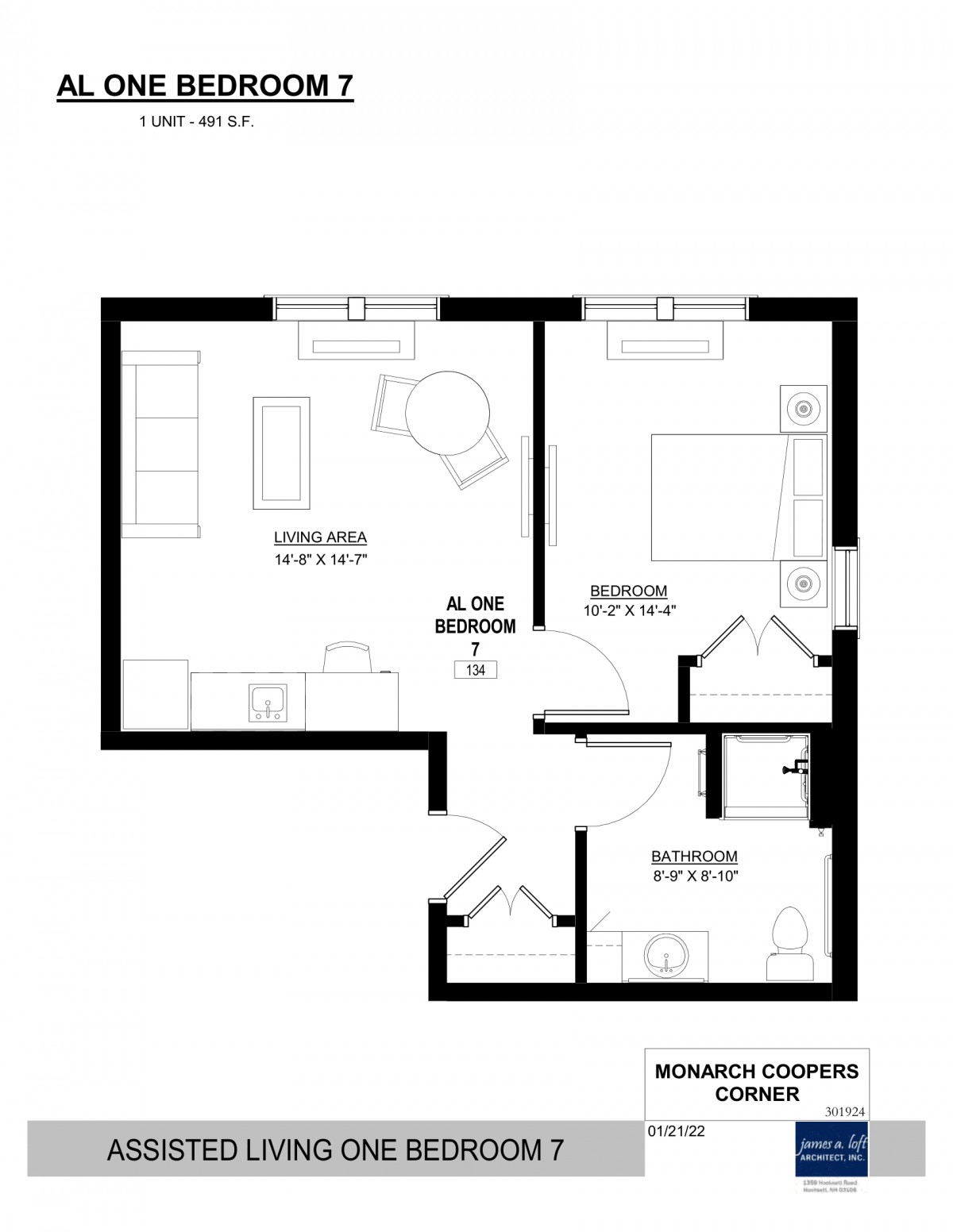 Floor plan of a one-bedroom apartment with a living room, kitchen, and bathroom.