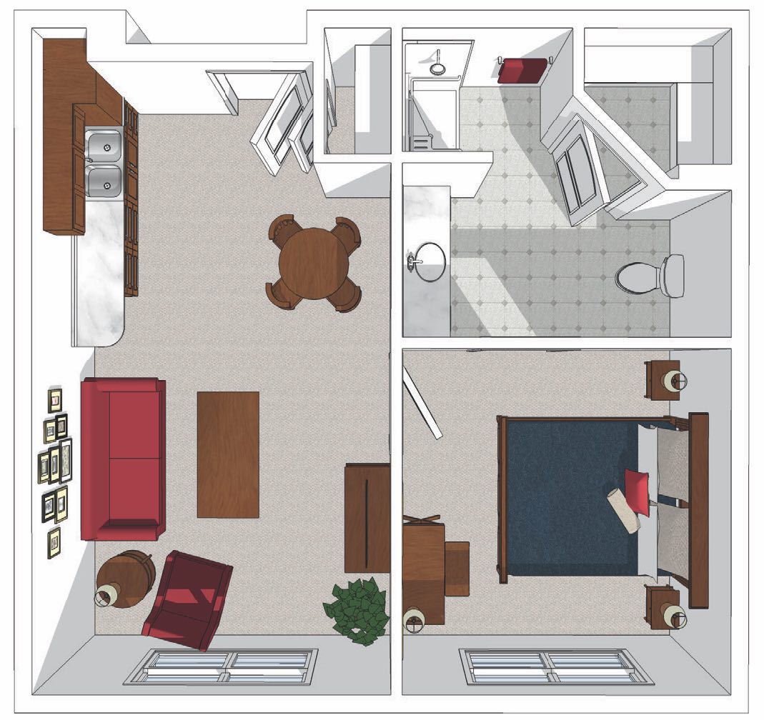 An overhead view of a small apartment floor plan, featuring a living room, bedroom, bathroom, and kitchen.