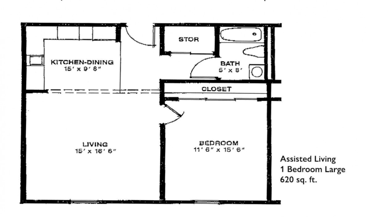 A black and white floor plan of a one-bedroom apartment layout.
