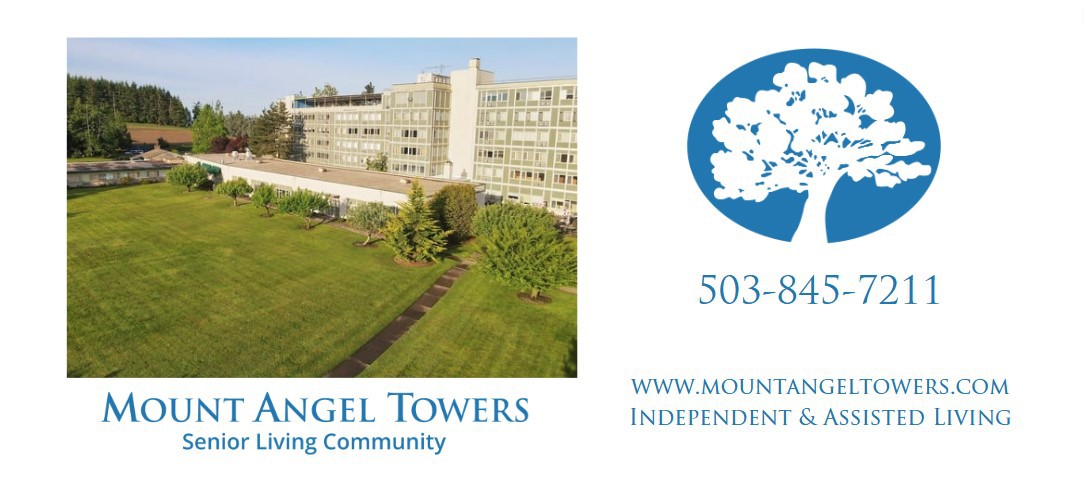 Advertising image for Mount Angel Towers, showcasing the residential building with contact details.