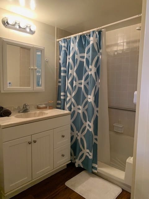 A bathroom featuring a shower with a patterned curtain, a vanity with a sink, and a mirror.