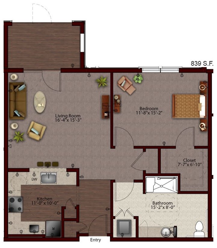 This image shows a floor plan of a one-bedroom apartment with a living room, kitchen, bathroom, and balcony.