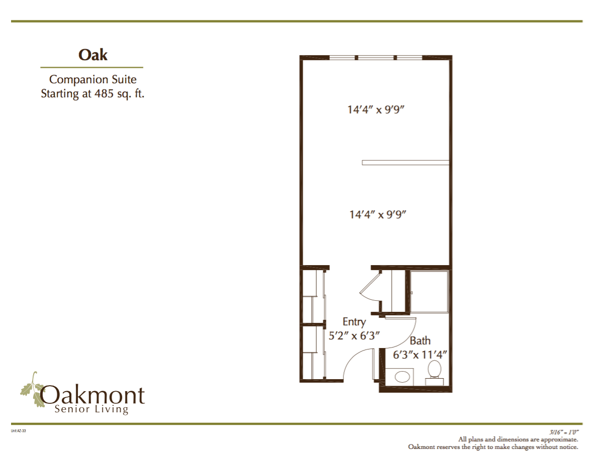 A floor plan of an Oak Companion Suite featuring room dimensions.