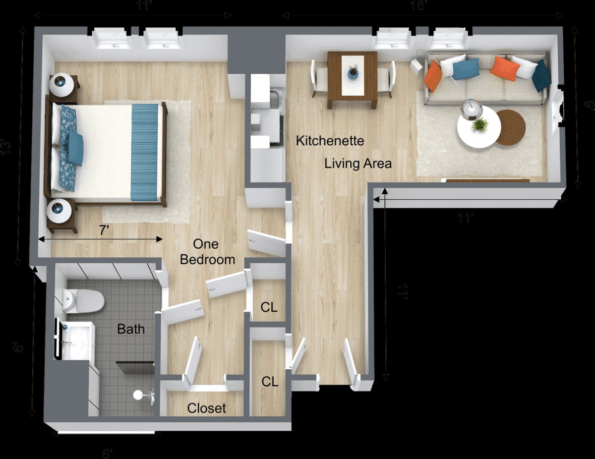 A floor plan of a one-bedroom apartment with a combined kitchen and living area.