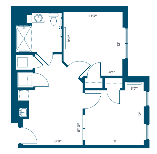 A simple floor plan of a two-room apartment with detailed room dimensions.