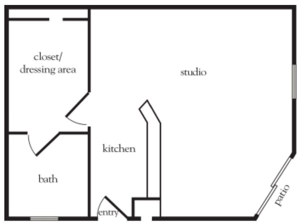 A floor plan of a studio apartment showing the kitchen, closet/dressing area, bath, entry, and main studio space.