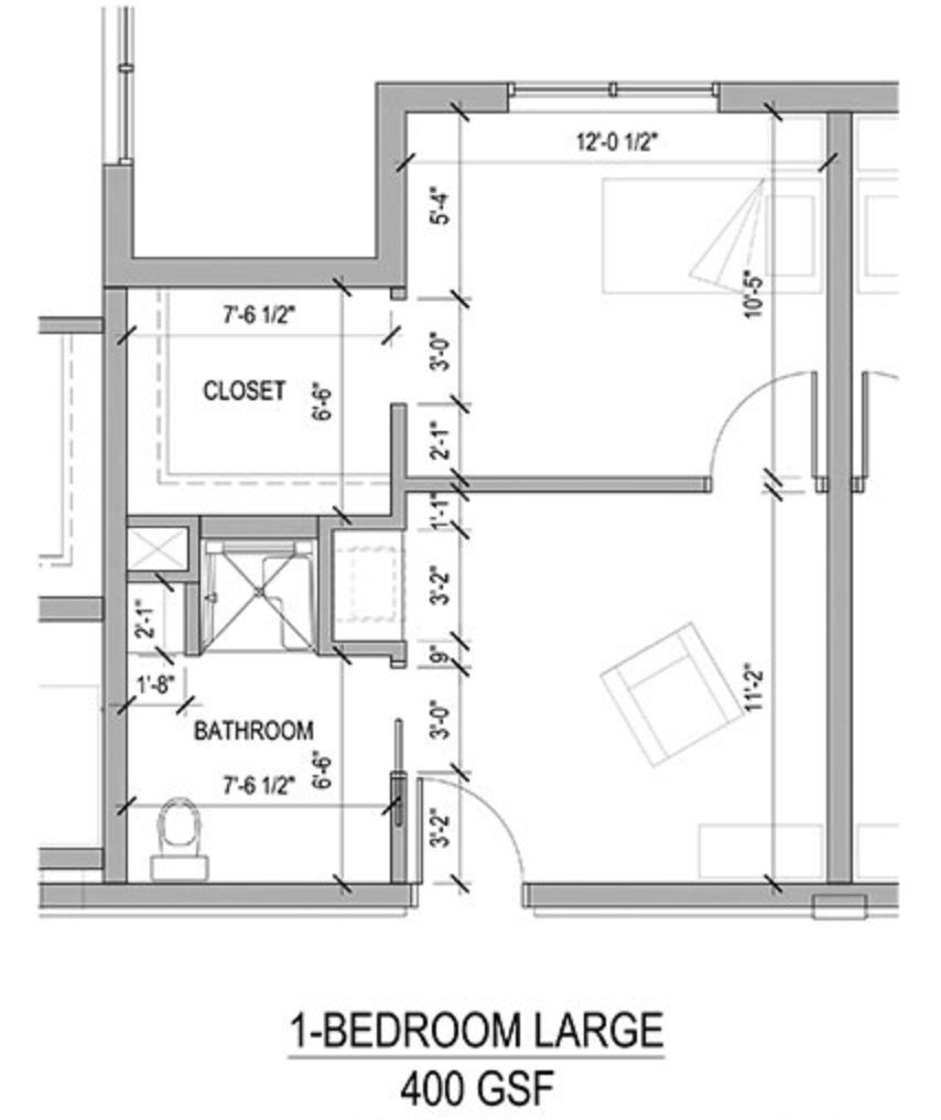 Floor plan of a 1-bedroom apartment layout with dimensions.