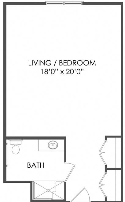 Studio apartment floor plan with combined living and bedroom area.