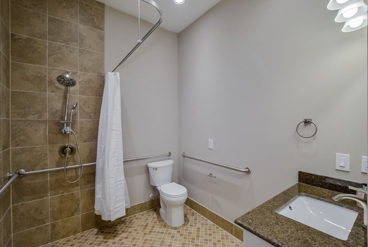 Accessible bathroom with shower, toilet, and grab bars.