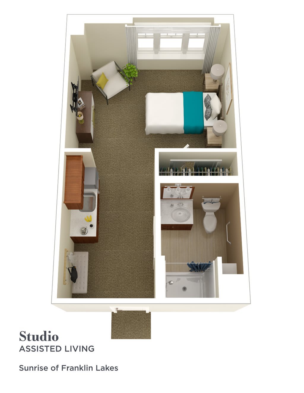 Studio apartment floor plan showcasing a compact and efficient layout.