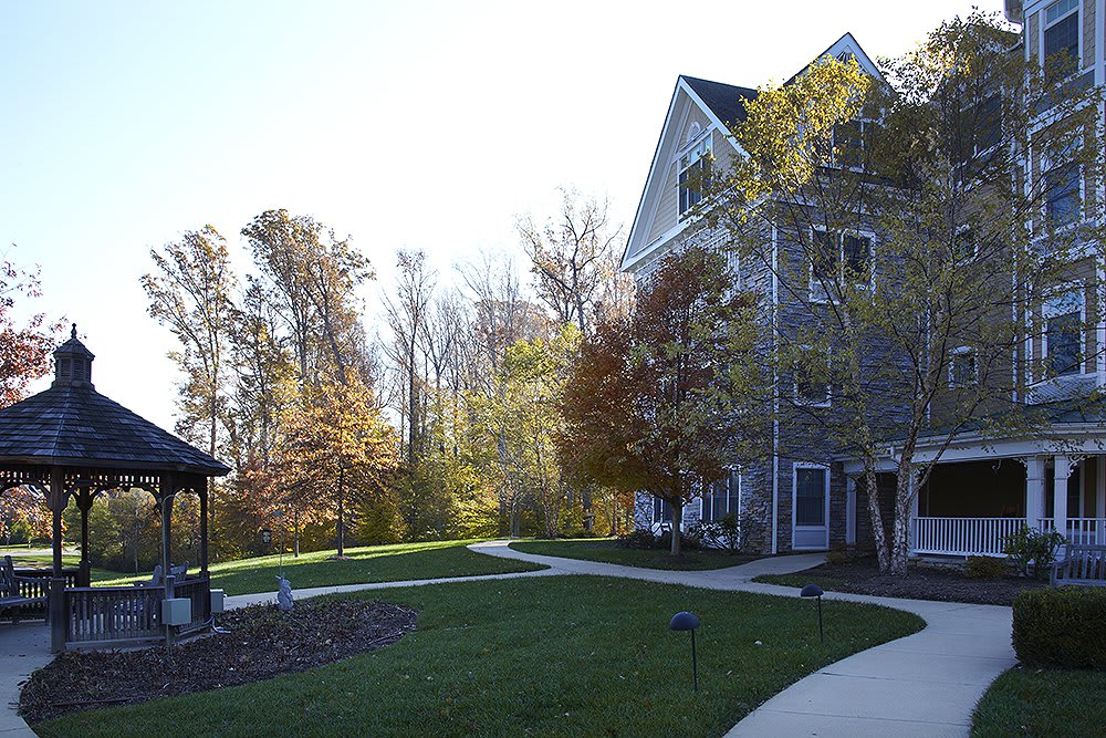 A picturesque view of a building surrounded by trees and a well-maintained lawn.