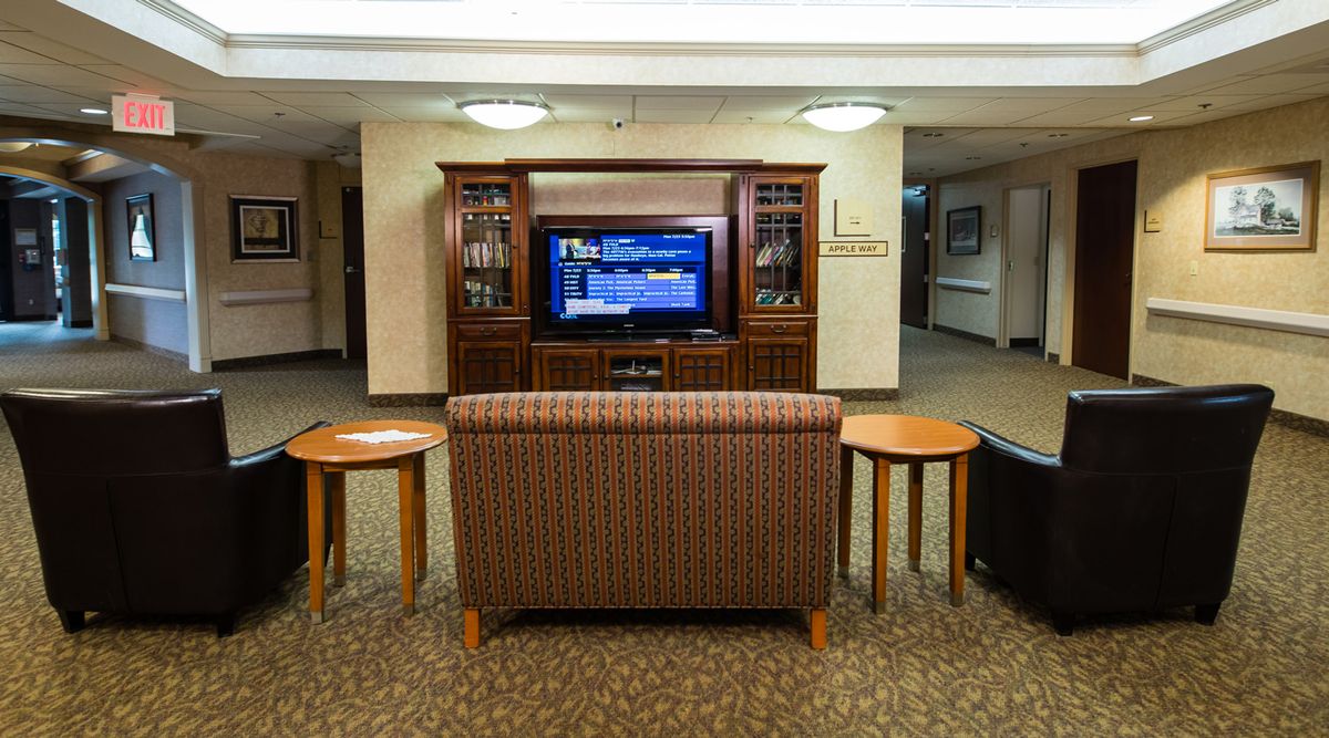 A cozy living room setup with a sofa facing a television and entertainment center, flanked by two round coffee tables.