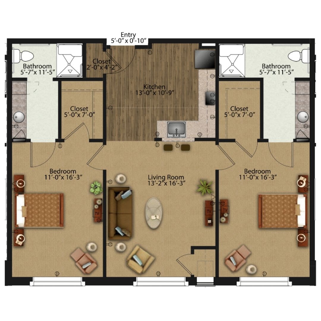 A floor plan of an apartment featuring two bedrooms, a central living room, and two bathrooms.