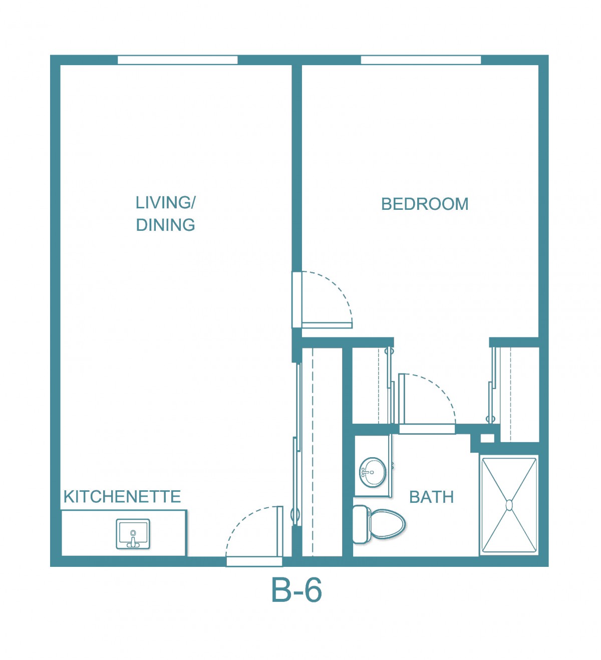A simple floor plan featuring a kitchenette, living/dining area, bedroom, and bathroom.