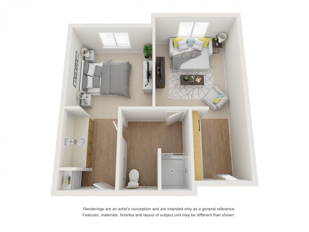 3D rendering of a one-bedroom apartment layout with modern interior design.