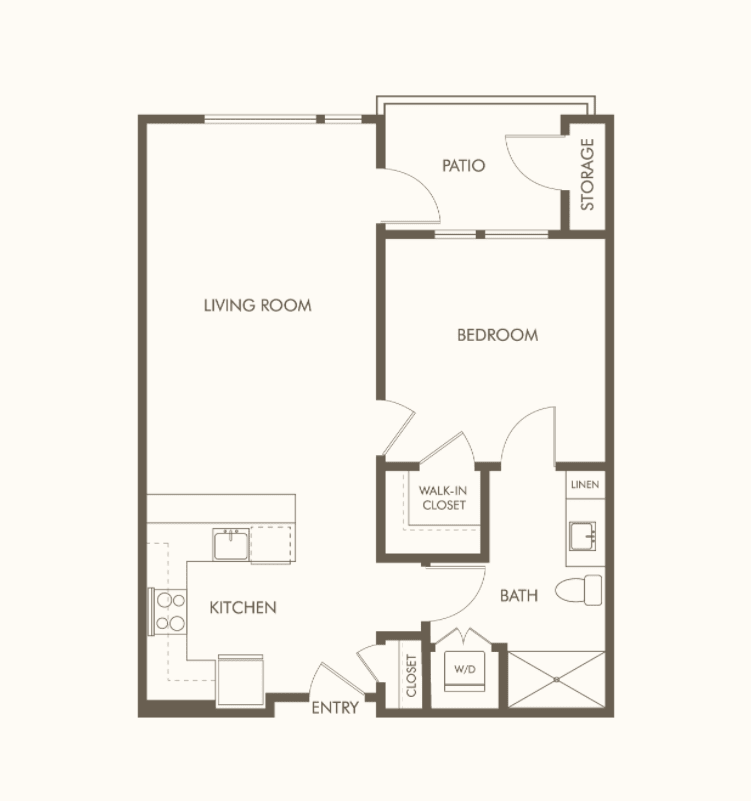 A floor plan of a one-bedroom apartment featuring a kitchen, living room, and bathroom.