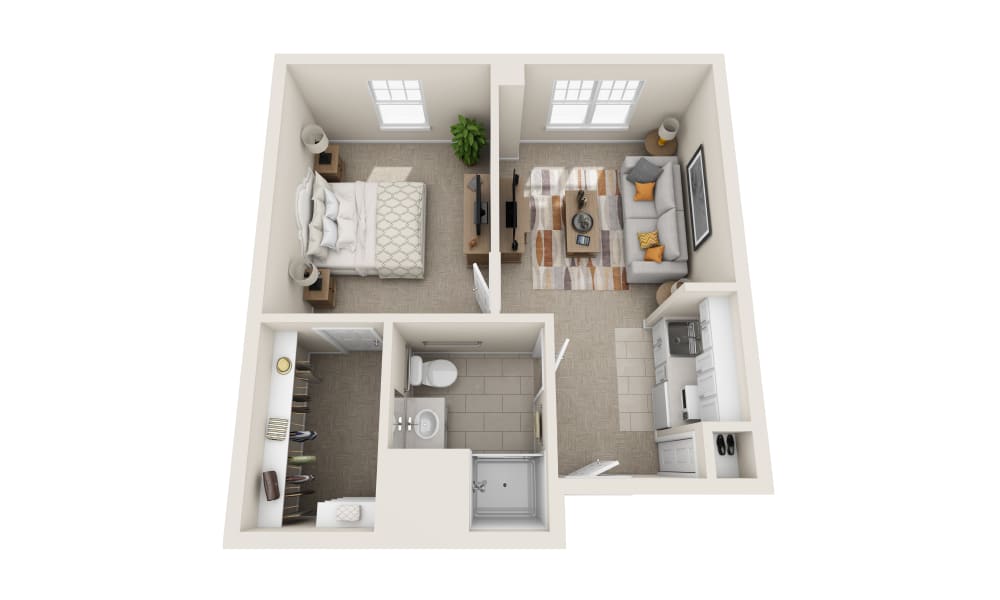 A 3D floor plan of a one-bedroom apartment featuring a living room, kitchen, and bathroom.