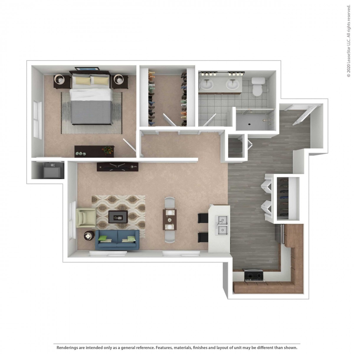 A top-down view of a one-bedroom apartment floor plan, featuring a living area, kitchen, bathroom, and bedroom.