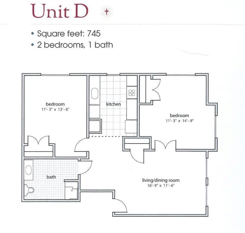 Floor plan of Unit D featuring 2 bedrooms, 1 bathroom, a kitchen, and a living/dining area totaling 745 square feet.