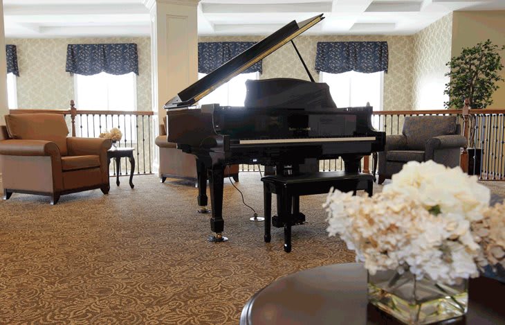 A grand piano in a well-furnished living room with large windows and decorative flowers.