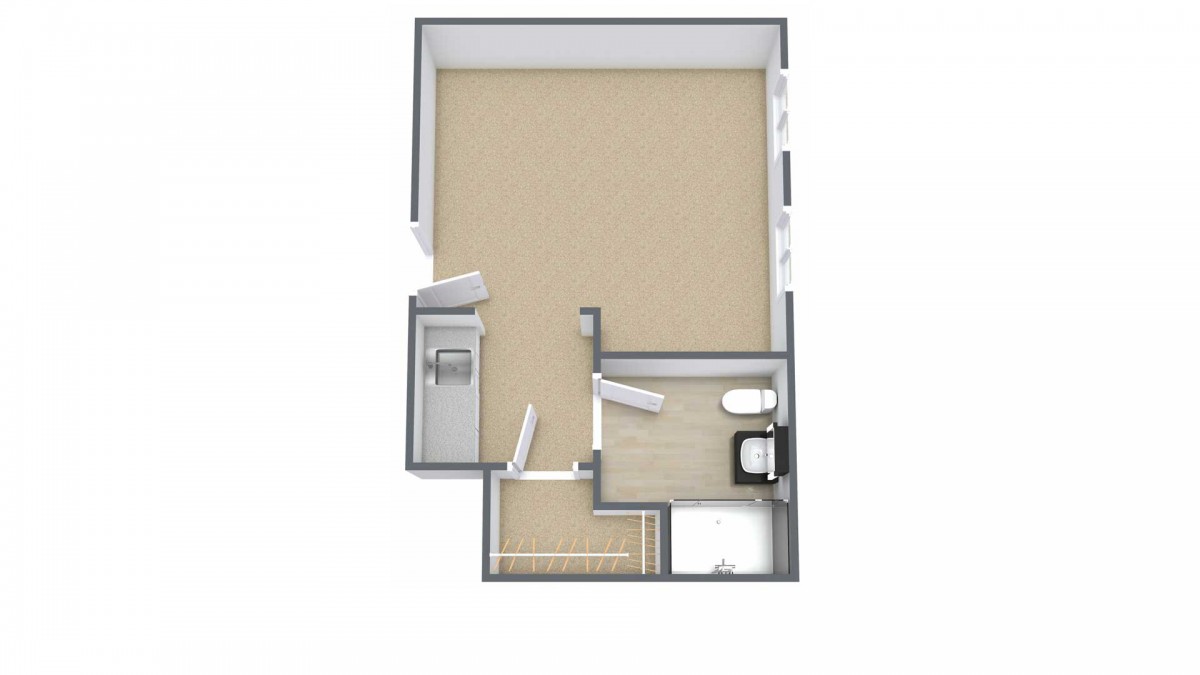 A simple floor plan of a one-bedroom apartment with a living area, kitchen, and bathroom.