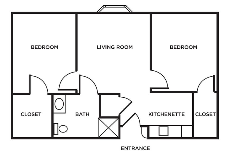A simple floor plan of an apartment showing two bedrooms, a living room, bathroom, kitchenette, and closet.
