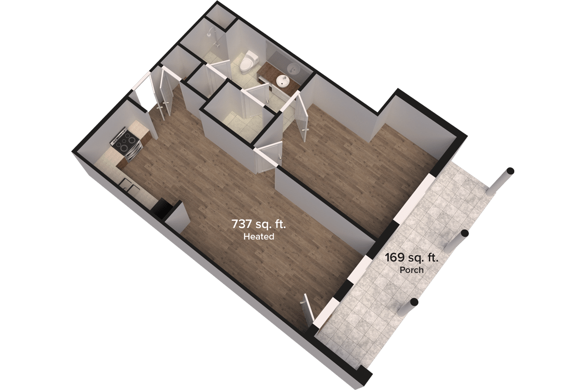 3D floor plan of a studio apartment with a balcony.