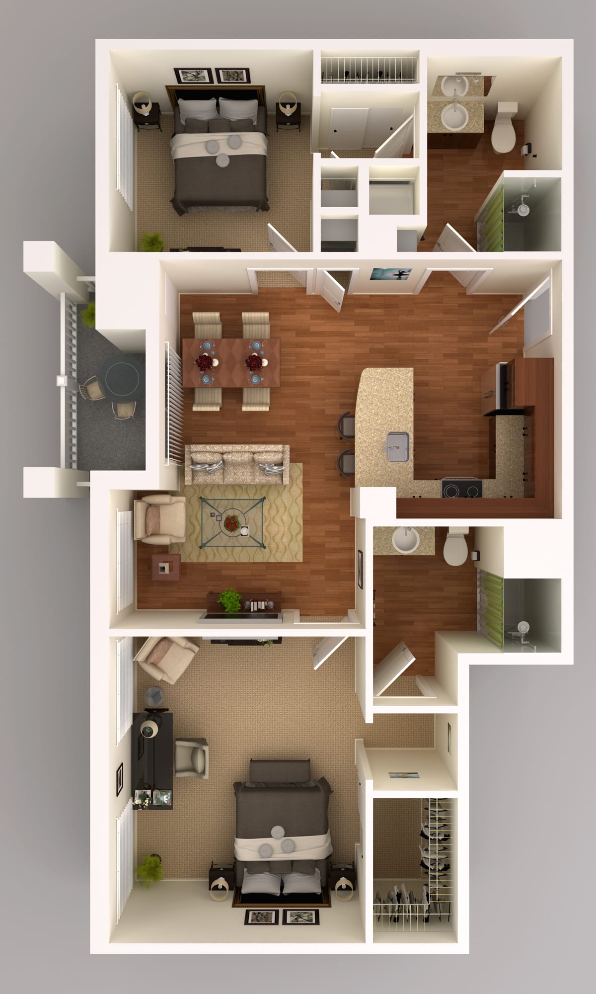3D rendering of a modern apartment floor plan with open living and dining areas.