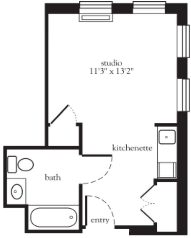 Floor plan of a studio apartment featuring a kitchenette and bathroom.