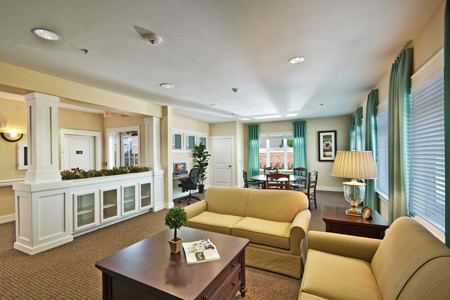A cozy and well-furnished living room with sofas, a coffee table, lamps, and decorative elements.