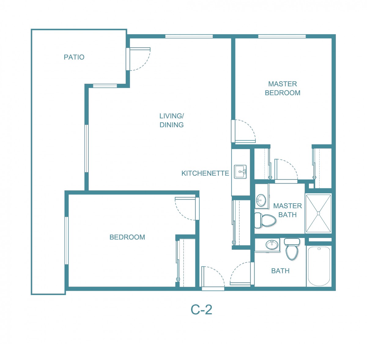 A floor plan depicting a living room, bedroom, bathroom, kitchen area, and patio.